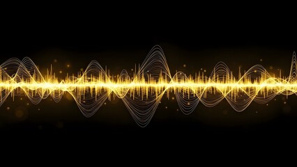 Abstract Golden Light Waves and Audio Frequency on Black Background