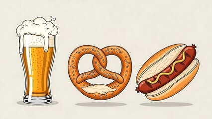 Beer, pretzel and hot dog illustration.