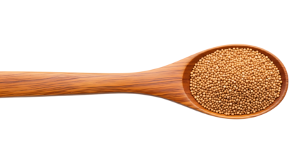 A wooden spoon filled with brown quinoa seeds isolated on transparent background.
