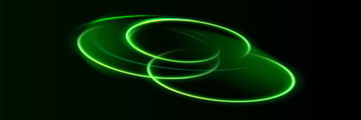 Green shiny sparks of spiral wave. Curved bright speed line swirls. Shiny wavy path. Rotating dynamic neon circle. Magic golden swirl with highlights.