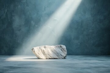 Natural Stone on Smooth Surface Illuminated by Sunlight Rays in a Minimalist Environment