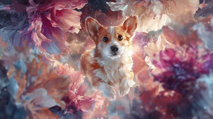 Corgi dog floating in a magical floral landscape illustration design