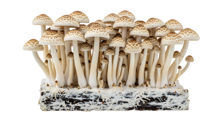 A cluster of fresh brown beech mushrooms growing from a substrate on transparent background.