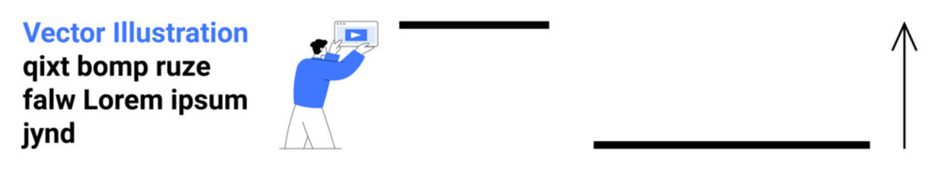 Obraz premium Person holding a tablet, upward arrow symbolizing progress, horizontal lines emphasizing structure. Ideal for technology, progress, innovation, success, analytics, upward growth simple landing page