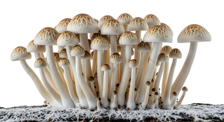 A cluster of small white beech mushrooms growing together on transparent background.