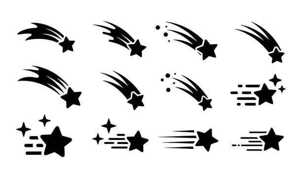 Falling and shooting star black vector icon set with motion symbols