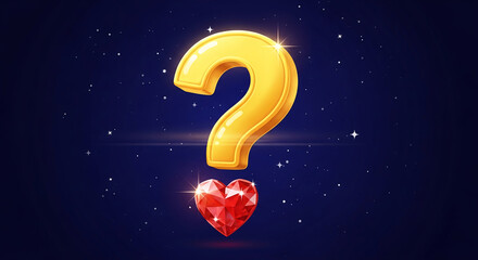 Illustration of golden question mark above red faceted heart against starry dark blue background, symbolizing love, mystery, inquiry for Valentine's Day