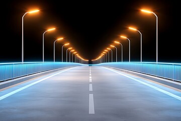 Serene Night Road with Illuminated Street Lamps and Blue LED Lights on Bridge
