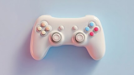 A pristine white video game controller, featuring pastel colored buttons, sits centered against a light pastel blue background