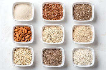 Variety of Grains and Nuts Arranged in Bowls on White Background for Healthy Eating