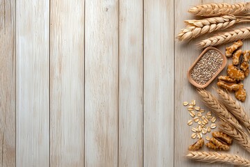 Natural Ingredients With Grains, Nuts, Seeds, and Dried Orange on Wooden Plank Background