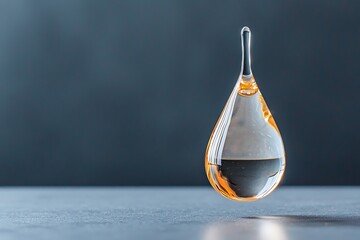 Clear liquid drop suspended in air with colorful fluid inside on a neutral background