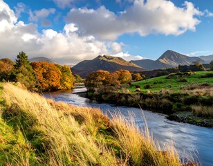 A winding river flows through a valley, surrounded by hills and trees