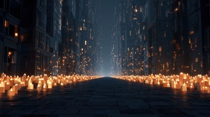 Abstract city street with illuminated candles at night time illustration