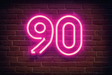 Bright Neon Number 90 on Dark Brick Wall in Pink Glow Effect
