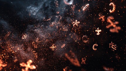 Abstract illustration of glowing particles and symbols against a dark background