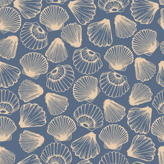 Shells Seamless Pattern. Sea Underwater Wallpaper Design. Shell, Mollusk and Oyster Marine Nautical Endless Background in Sketch Hand Drawn Style. Vector Line Art Background
