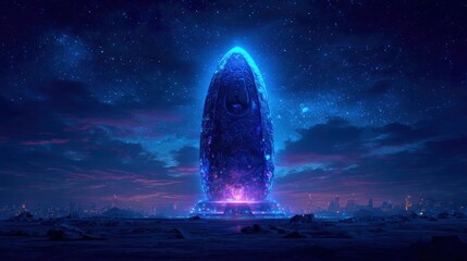 Abstract illustration of a glowing energy pillar in a starry night environment