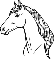 Horse Head Sketch Outline Hand Drawn Style. Vector Horse Portrait Black Sketch on White Background. Domestic Animal Silhouette for Chinese New Year, Wet Design, Farm Logo.