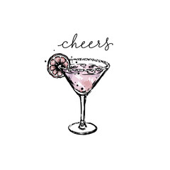 Cocktail Glass Sketch Charcoal Hand Drawn Style. Vector Wine Glass on White Background. Design for Greeting Card, Xmas, Wedding, Birthday, Valentine Day, Anniversary, Holiday party.