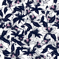 Floral Seamless Pattern. Tropical Flowers Exotic Foliage Print Design. Modern Botanical Grunge Texture for Fashion Fabric, Prints, Clothes, Wrapping Paper, Wallpaper. Vector Illustration