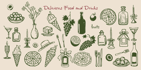 Sketch Doodles Food and Drinks Set. Pencil or Chalk Drawings of Food, Bottle, Ice Cream, Plate, Cutlery, Fruits. Charcoal Vector Drawn Sketch for Wedding, Invitation, Party and Menus Design. 