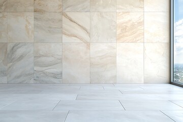 Modern Minimalist Interior Space with Marble Wall and Large Window Overlooking Cityscape
