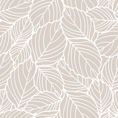 Floral Seamless Pattern Line Art Minimalist Style. Outline Leaves Vector Background. Leaf Botanical Wallpaper Design. Minimalistic Floral Print Template for Textile and Fabric Design