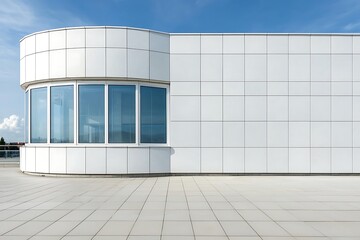 Modern Architectural Facade with Curved Window and Minimalist Design Against Clear Sky