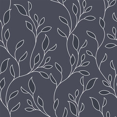 Leaf Seamless Pattern. Vector Blue and White Curvy Leaves Ornament Design. Elegant Floral Wallpaper Template. Minimalist Monochrome Flower Texture. Repeated Floral Trendy Design for Fabric, Prints