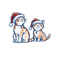 Cute Cats in Christmas Hats. Mother Cat and Child Cat Smiling. Cute Pets for Xmas Design. Vector Illustration	