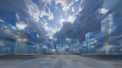 Abstract architectural landscape featuring mirrored skyscrapers and dramatic sky