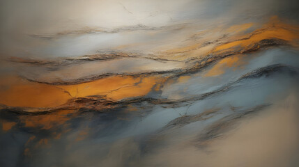 Abstract textured painting with layered brush strokes, rusty orange, muted blue, beige and gray tones, distressed wall texture, modern contemporary art style, subtle depth and cracks