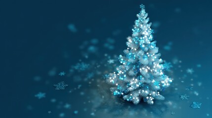Fototapeta premium A digitally rendered Christmas tree, adorned with twinkling blue lights and snowflakes, stands on a dark teal background. Snowflakes subtly drift around it, creating a serene winter scene