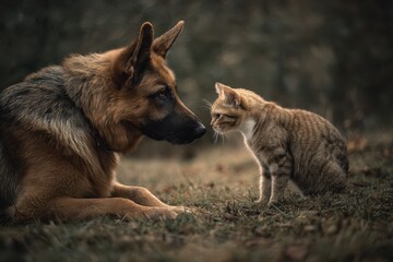 Fototapeta premium Heartwarming interaction between a dog and a cat captured in a serene outdoor setting during the golden hour of the day