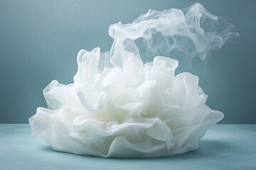 Ethereal White Smoke Formation on Soft Blue Background with Flowing Textures and Shapes