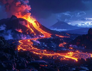 Dramatic Volcanic Eruption - Fiery Lava Flowing Down Mountain at Night.