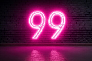 Bright Neon 99 Sign Against Dark Brick Wall in Modern Style