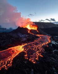 Dramatic Volcanic Eruption - Fiery Lava Flowing Down Mountain at Sunset.