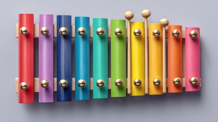 Colorful xylophone toy, top-down view, showing rainbow-colored bars, gold accents, and wooden mallets