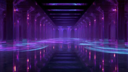 Abstract futuristic purple corridor with reflective floor and glowing lights