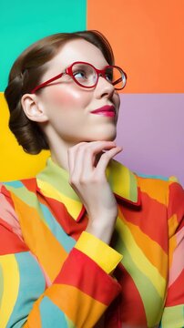 Thoughtful Woman With Red Glasses And Colorful Retro Outfit Pondering Against Vibrant Geometric Background