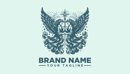 Ornate vintage winged guardians logo vector illustration featuring a sword and starburst. Majestic mythological design perfect for brand identity