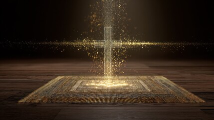 Abstract cross illustration with golden particles and wooden floor backdrop