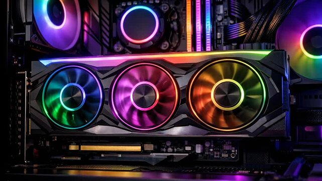 High performance gaming computer build with colorful RGB lighting in a home setup