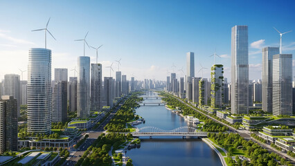 Futuristic sustainable smart city skyline with copy space in blue sky for 2026 technology