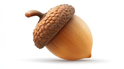 A detailed image of an acorn with textured cap on a white background, showing its natural hues and form