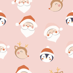 seamless Santa clause  , reindeer , and penguin heads pattern , vector , illustration