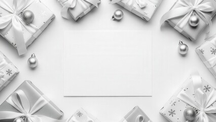 Elegant silver baubles framing a white background, for sophisticated holiday designs.