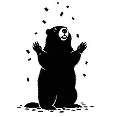 Fototapeta premium A black bear illustration stands on its hind legs, throwing confetti in celebration.
